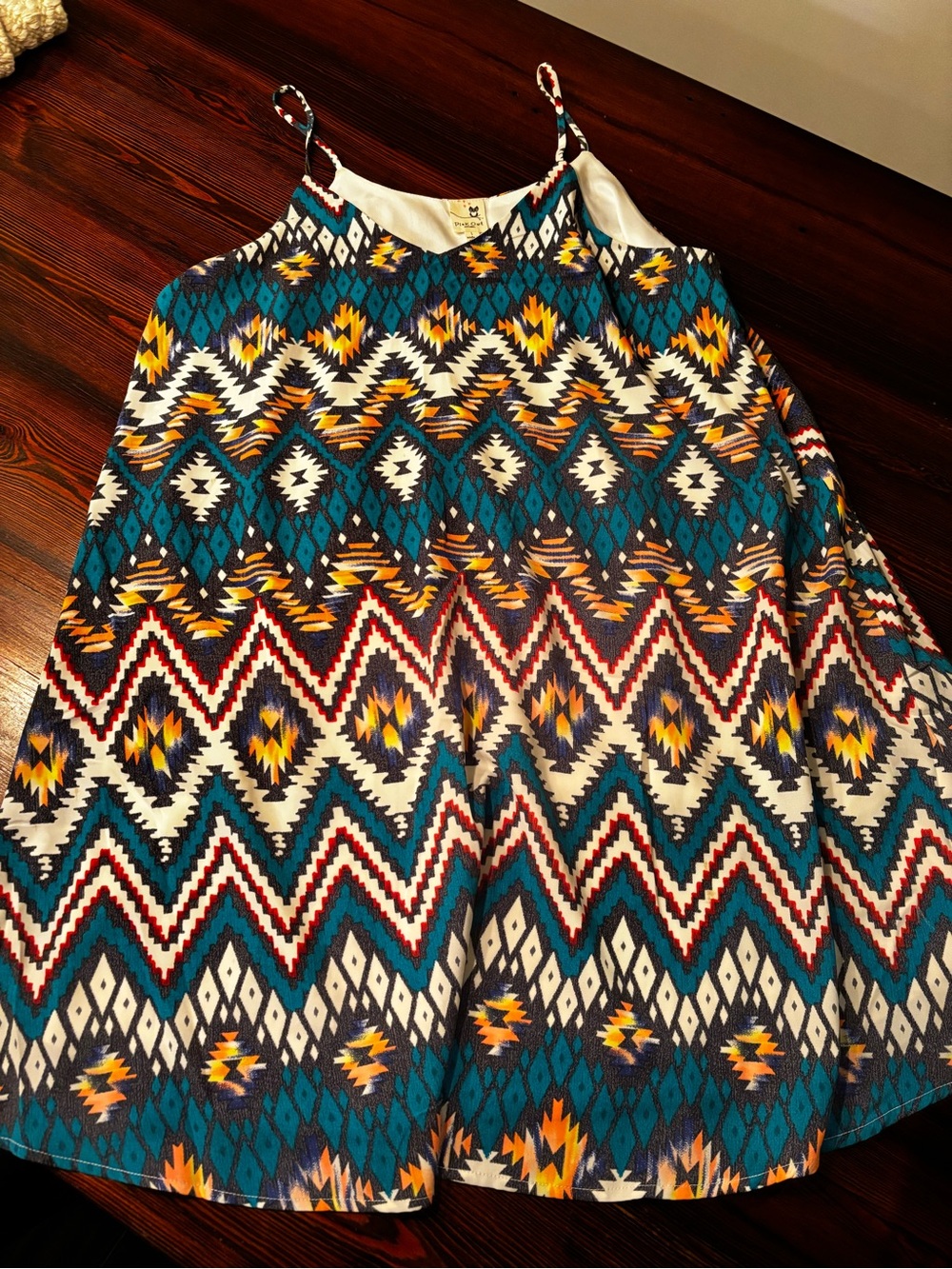 Pink Owl Aztec Print Spaghetti Strap Dress — Teal, White, Yellow, Red. Size L